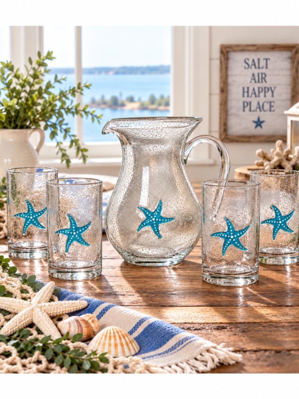 Home Studio Shoreline Starfish Bubble Glass Pitcher & 4 Tumblers Set